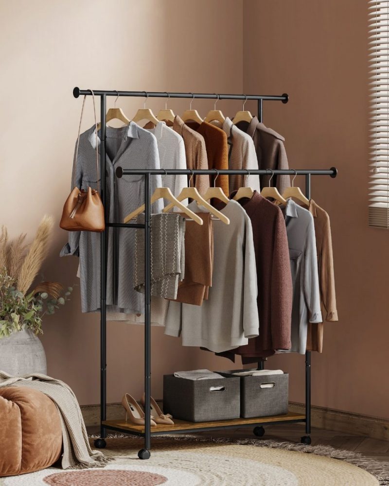 Perchero doble barra ajustable, ruedas, estante robusto, 100 kg, marrón rústico y negro tinta - Imagen 2