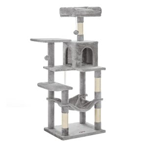 Árbol para gatos de 143 cm, rascadores, plataformas, hamaca, gris claro