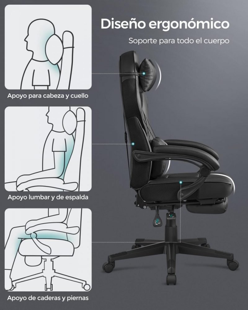 Silla oficina ergonómica, reposapiés extensible, negro tinta - Imagen 3