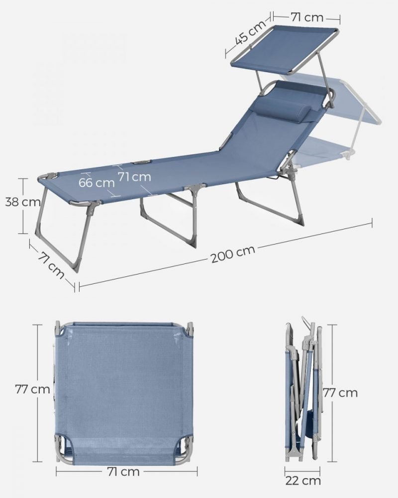 Tumbona plegable 71x200x38 cm respaldo ajustable azul - Imagen 7