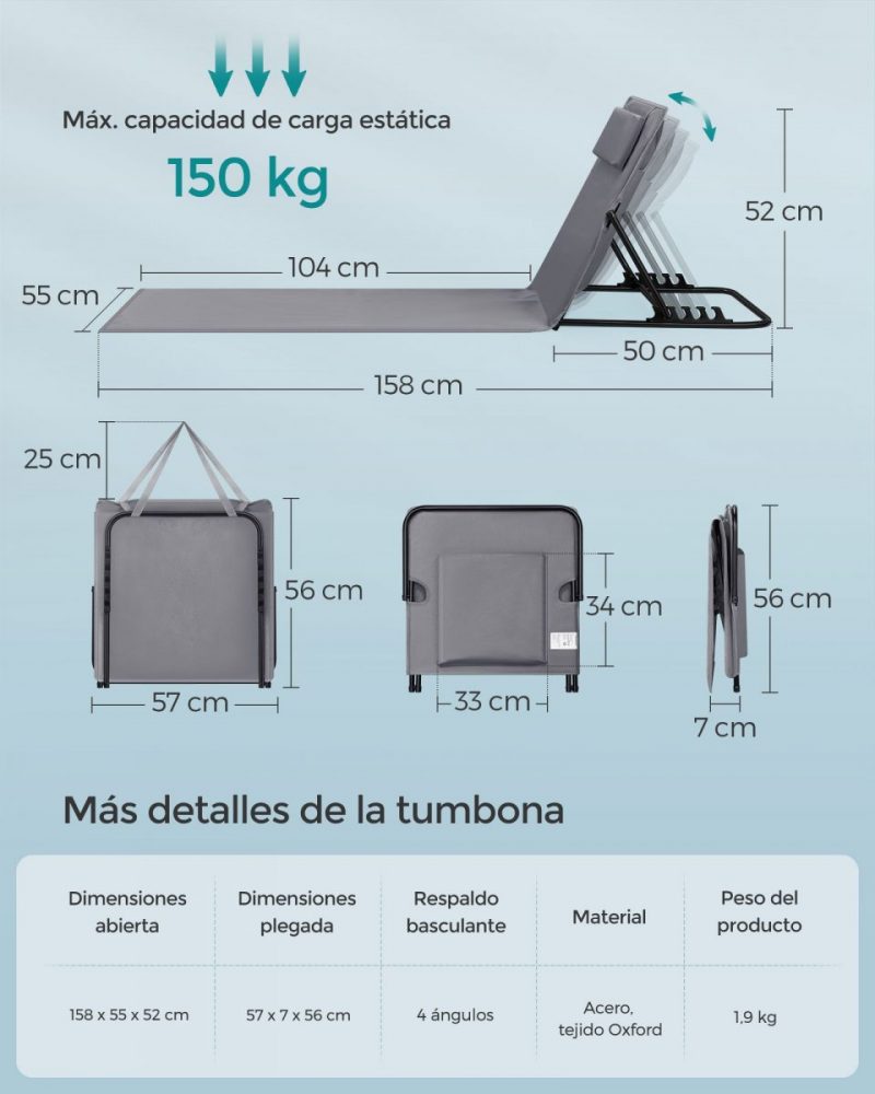 Tumbona de playa portátil 158x55 cm gris pizarra - Imagen 6