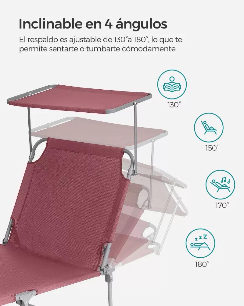 Tumbona Reclinable 193x53x29 cm Rojo - Imagen 3