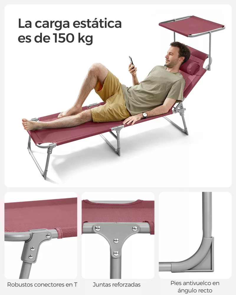 Tumbona Reclinable 193x53x29 cm Rojo - Imagen 2