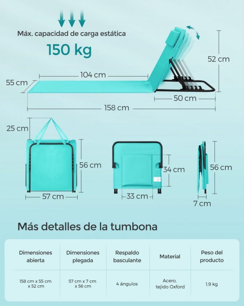 Juego de 2 tumbonas de playa 158x55 cm azul lago - Imagen 6