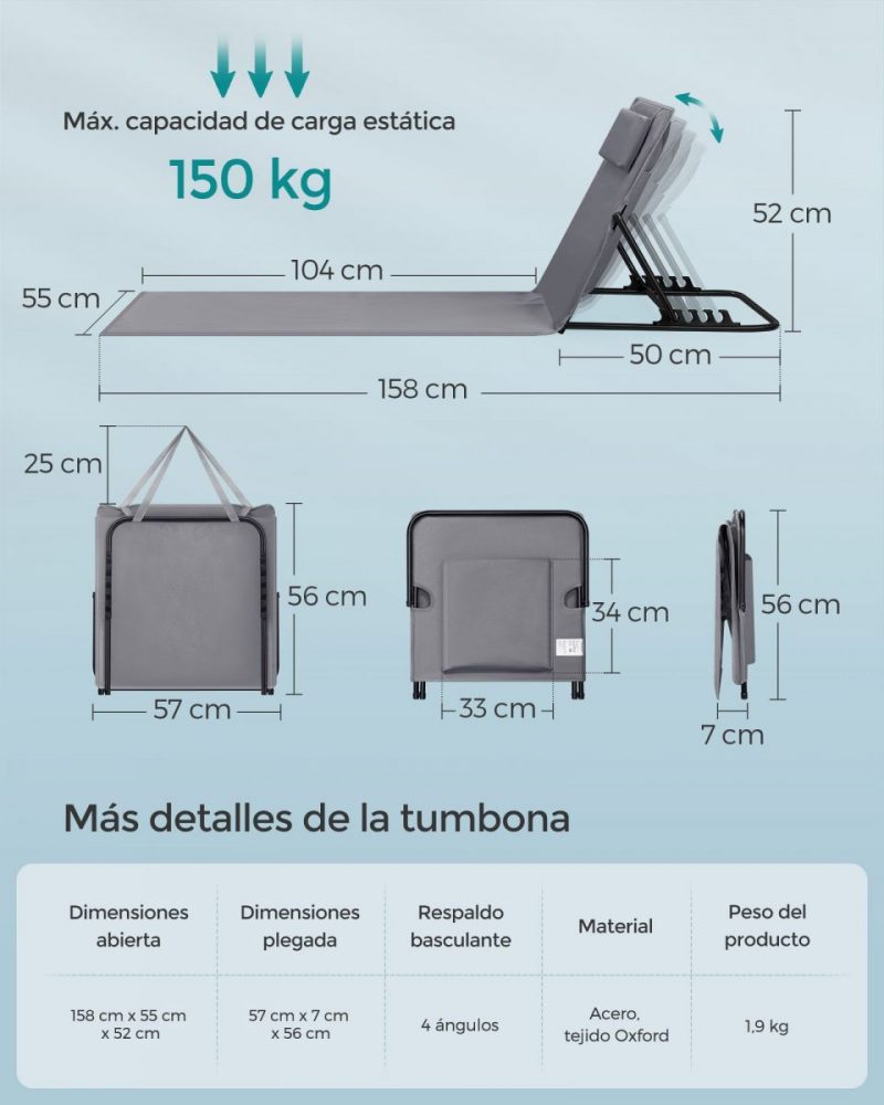 Juego de 2 tumbonas de playa 158x55 cm gris pizarra - Imagen 6