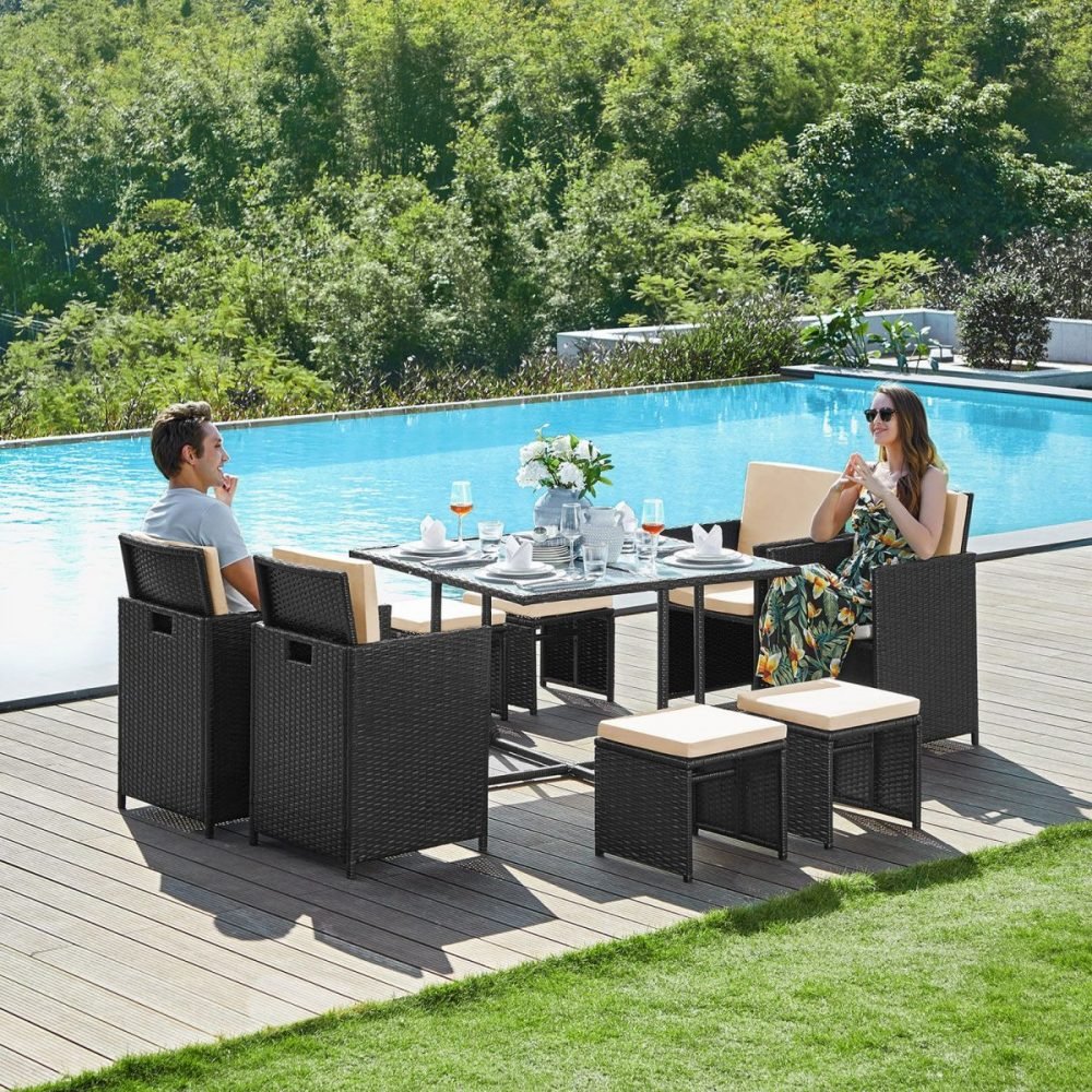 Conjunto de muebles de jardín juego de 9 negro y beige - Imagen 3
