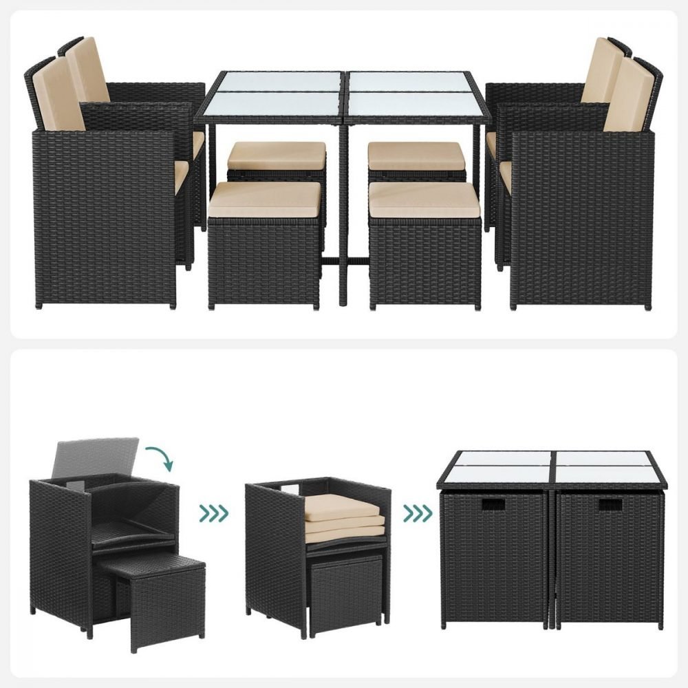 Conjunto de muebles de jardín juego de 9 negro y beige - Imagen 5