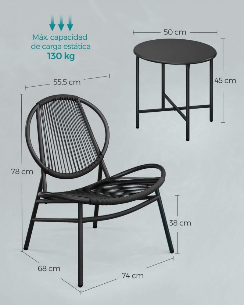 Conjunto muebles de jardín 3 piezas negro tinta - Imagen 6
