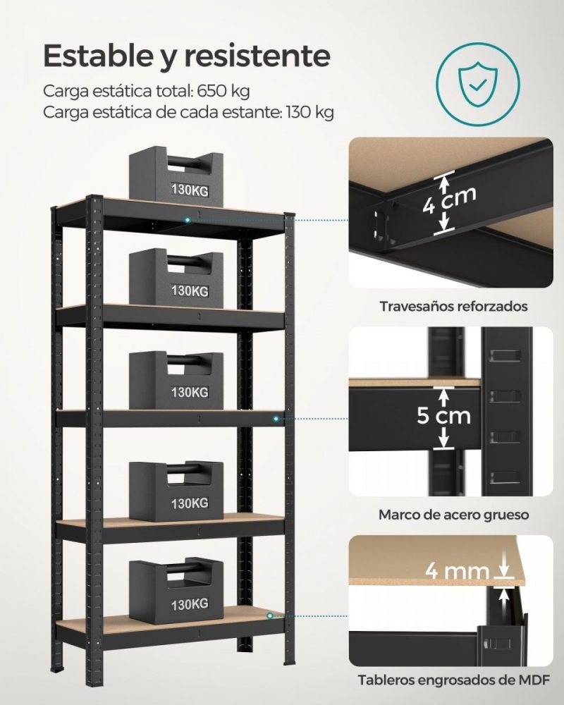 Juego de 2 estanterías pesadas de 5 niveles 30x75x150 cm negro - Imagen 3