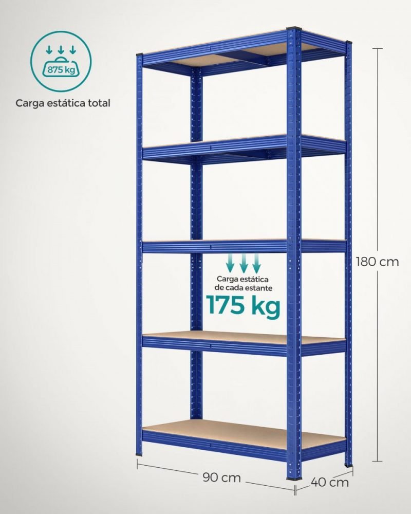 Juego de 2 estanterías pesadas de 5 niveles azul 90x180 cm - Imagen 6