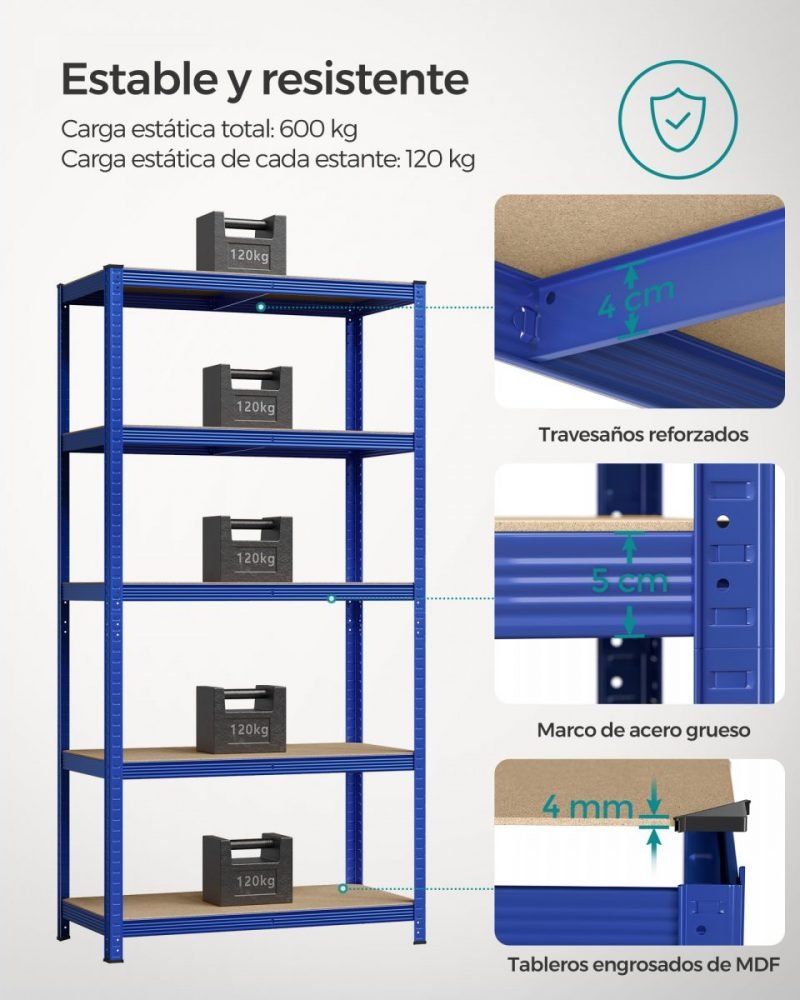 Estantería de 5 niveles, 200x100x50 cm, 875 kg, azul - Imagen 3
