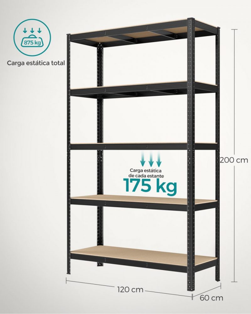 Juego de 2 estanterías pesadas de 5 niveles negro 60x120 cm - Imagen 6