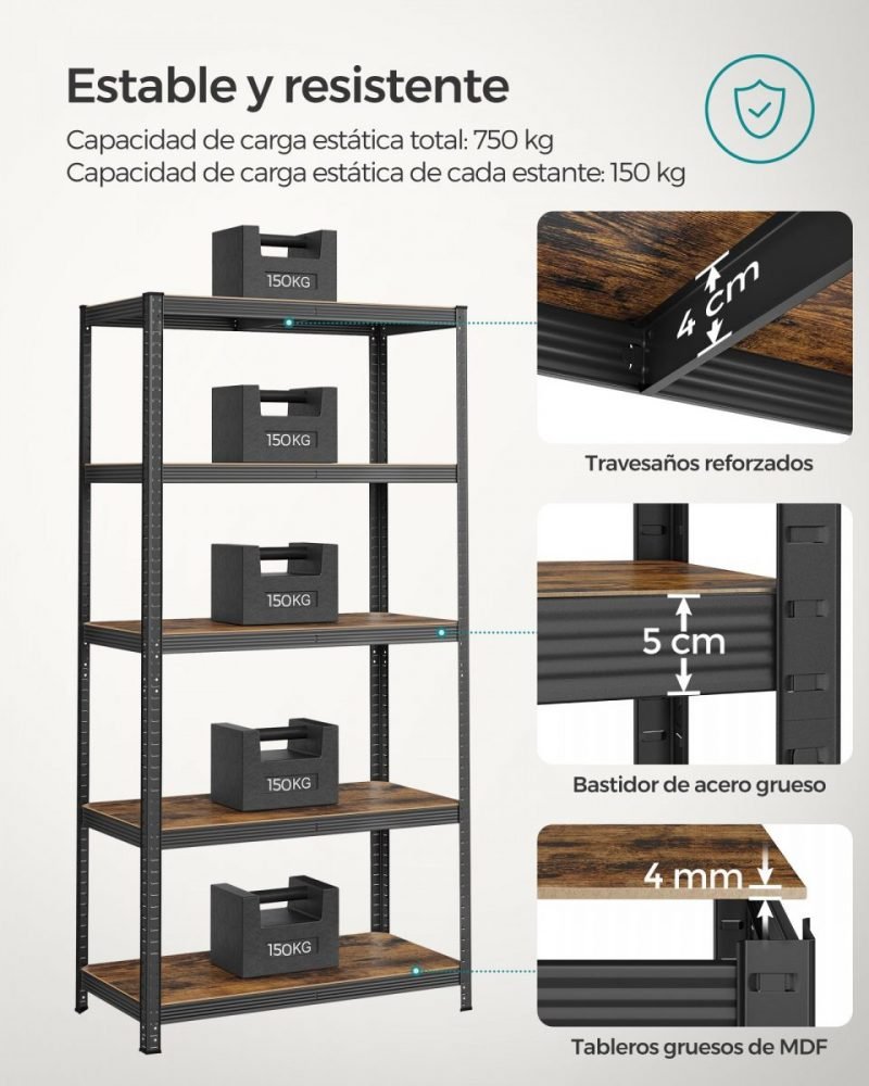 Estantería de 5 niveles, 200x120x60 cm, 875 kg, marrón rústico - Imagen 3