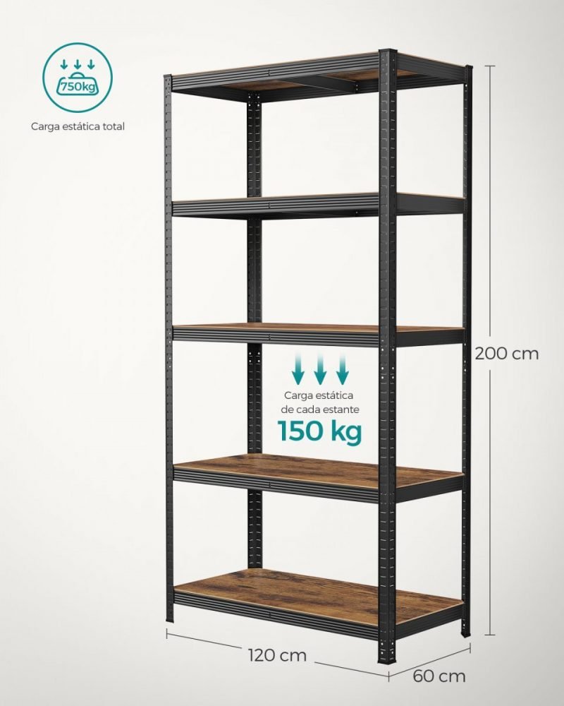 Estantería de 5 niveles, 200x120x60 cm, 875 kg, marrón rústico - Imagen 6