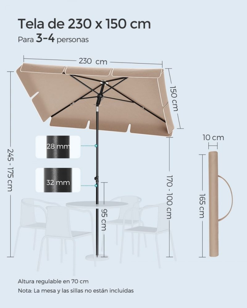 Sombrilla terraza 230x150 cm inclinación altura ajustable - Imagen 6