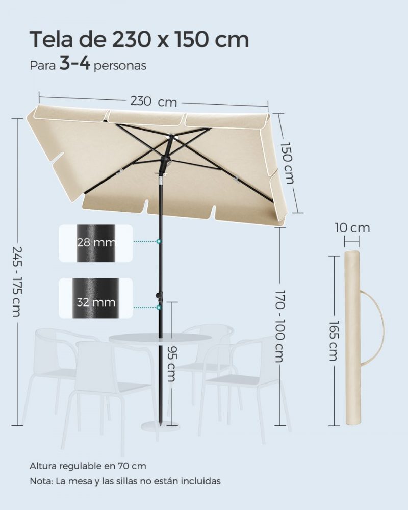Sombrilla de terraza 230x150 cm ajustable beige - Imagen 6