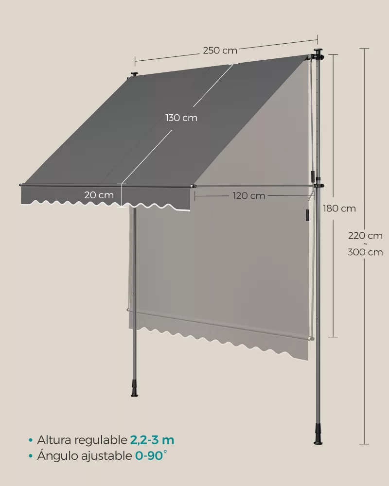 Toldo Manual Retráctil Regulable en Altura 250 x 120 cm Gris Antracita - Imagen 5