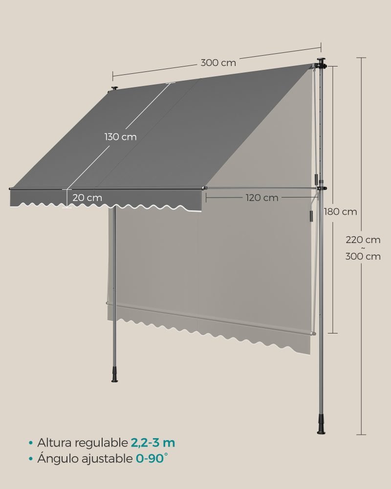 Toldo manual regulable en altura 300x120 cm gris antracita - Imagen 5
