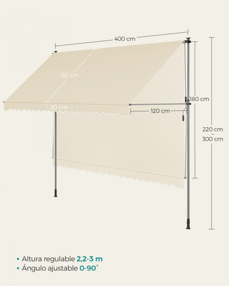 Toldo manual regulable en altura 400x120 cm beige - Imagen 5