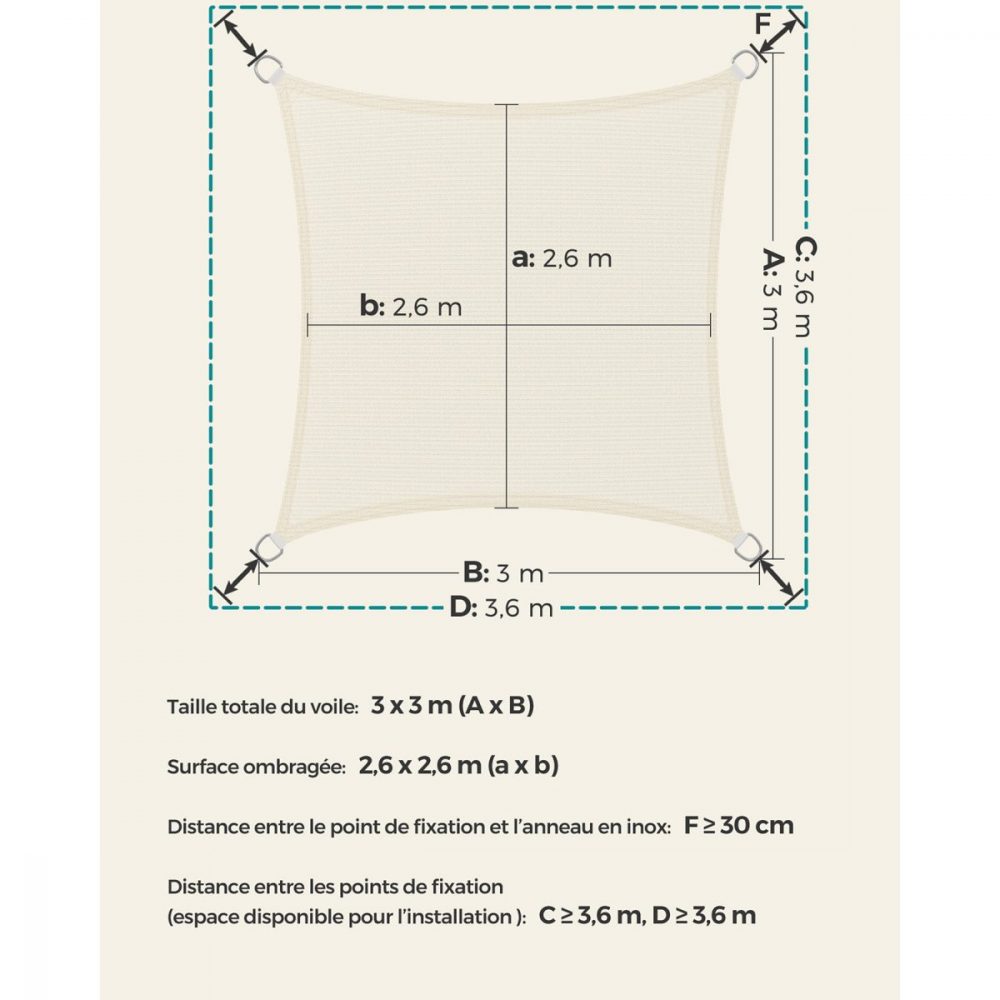 Toldo exterior terraza 3x3 m, protección uv, beige - Imagen 6