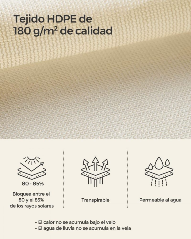 Vela de sombra 3x5 m, hdpe protección solar, beige - Imagen 2