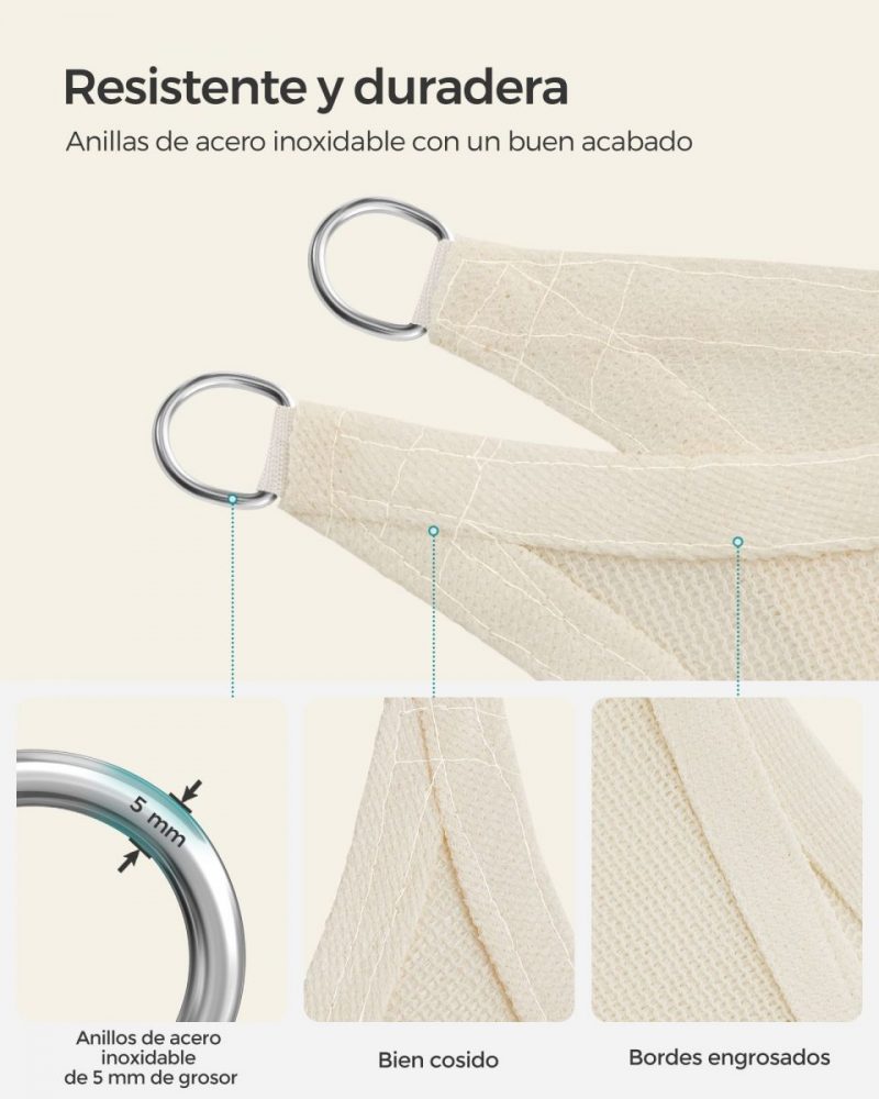 Vela de sombra 3x5 m, hdpe protección solar, beige - Imagen 3