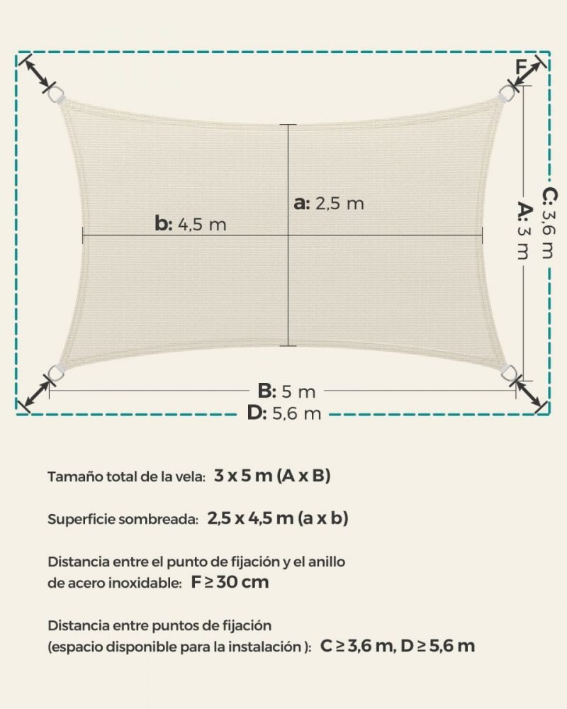 Vela de sombra 3x5 m, hdpe protección solar, beige - Imagen 6