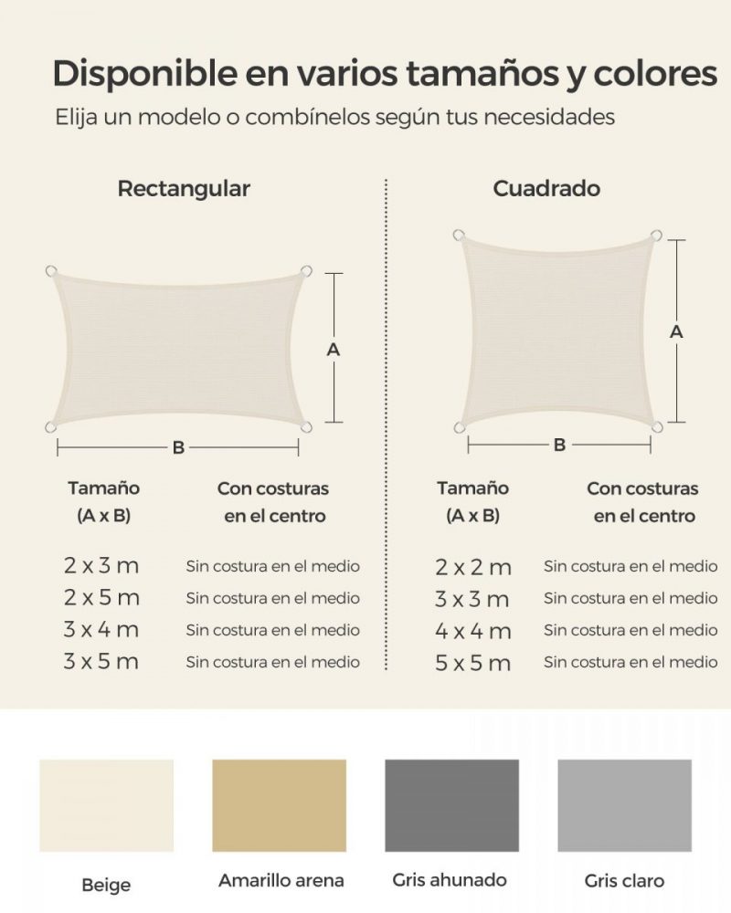 Vela de sombra 3x5 m, hdpe protección solar, beige - Imagen 5