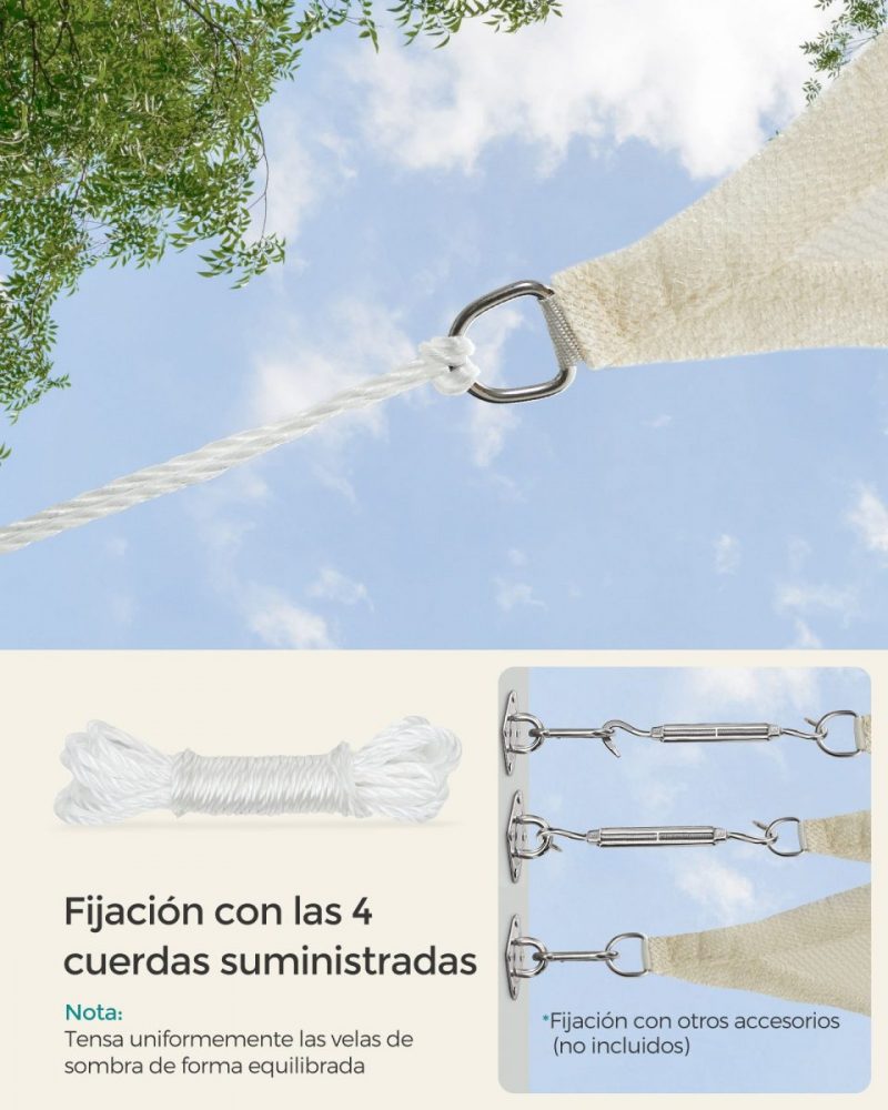 Vela de sombra 3x5 m, hdpe protección solar, beige - Imagen 4