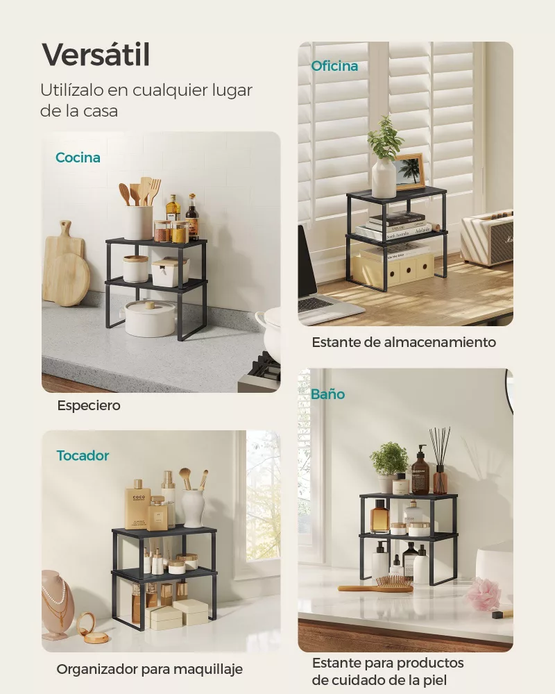 Juego de 4 Estantes para Especias Extensible Negro Ébano y Negro - Imagen 4
