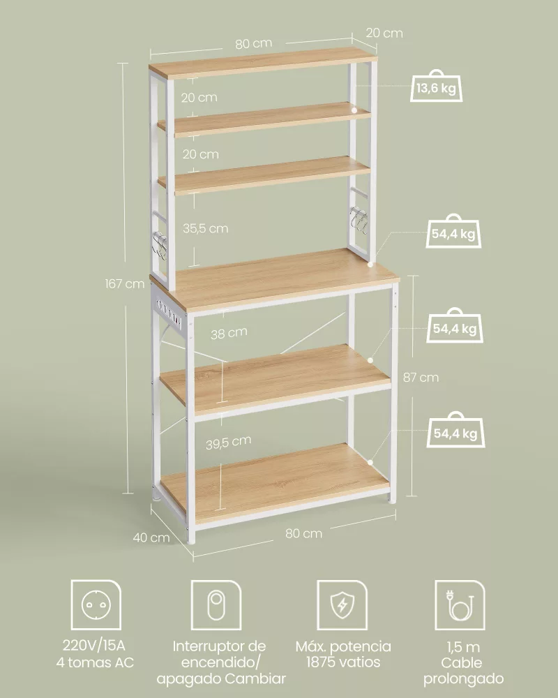 Estantería de Cocina con Toma de Corriente 40 x 80 x 167 cm Roble Dorado y Blanco Nube - Imagen 7