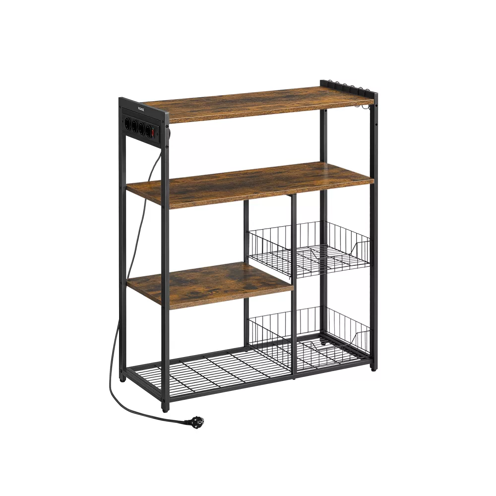 Estantería de Cocina con 2 Cestas de Malla Marrón Rústico y Negro Tinta