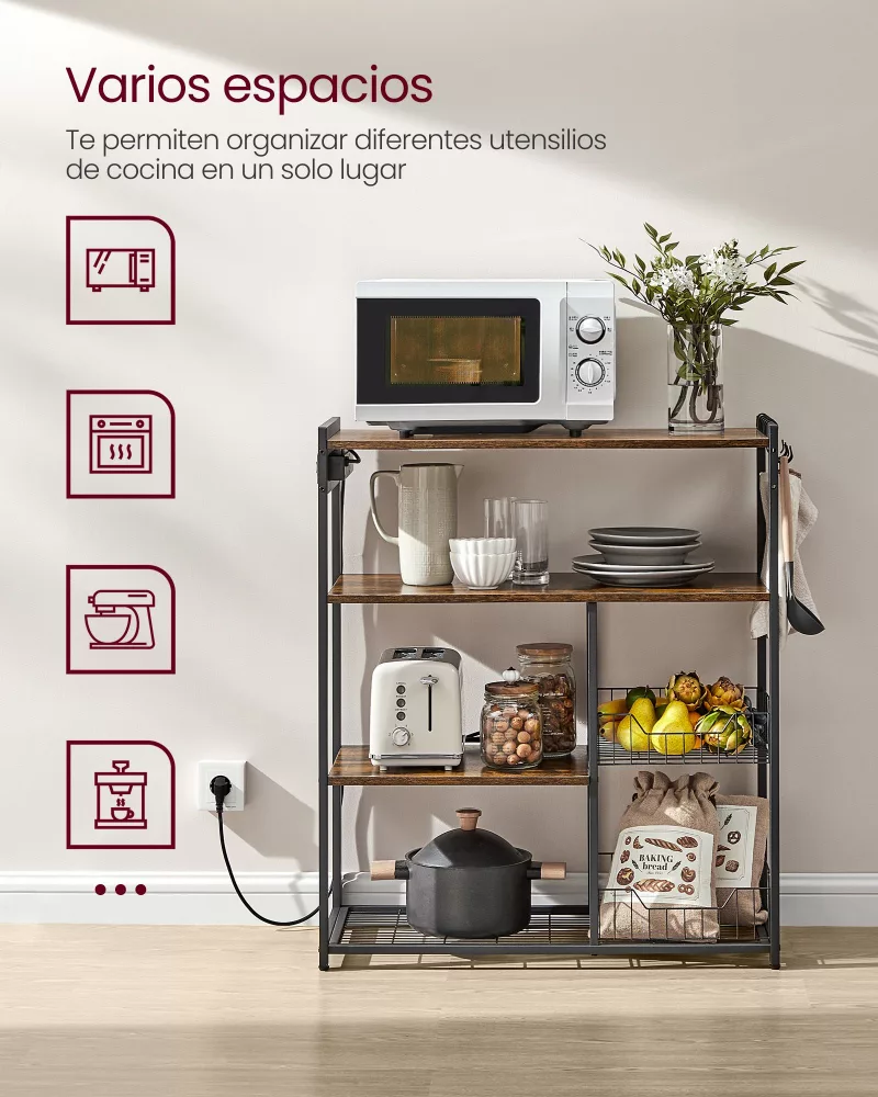 Estantería de Cocina con 2 Cestas de Malla Marrón Rústico y Negro Tinta - Imagen 3