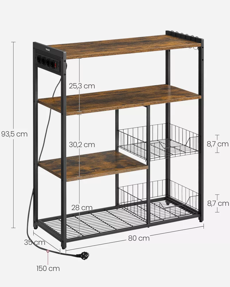 Estantería de Cocina con 2 Cestas de Malla Marrón Rústico y Negro Tinta - Imagen 7