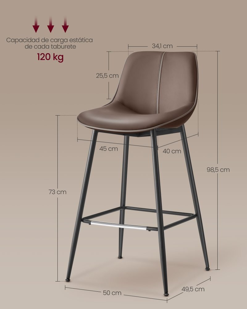 Juego de 2 taburetes de bar 73 cm de altura marrón café - Imagen 6