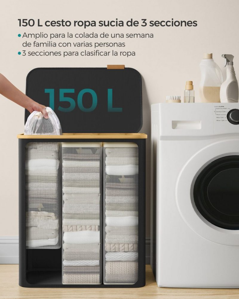 Cesto de ropa sucia con tapa 150 l 60x38,5x70,5 cm negro tinta - Imagen 2