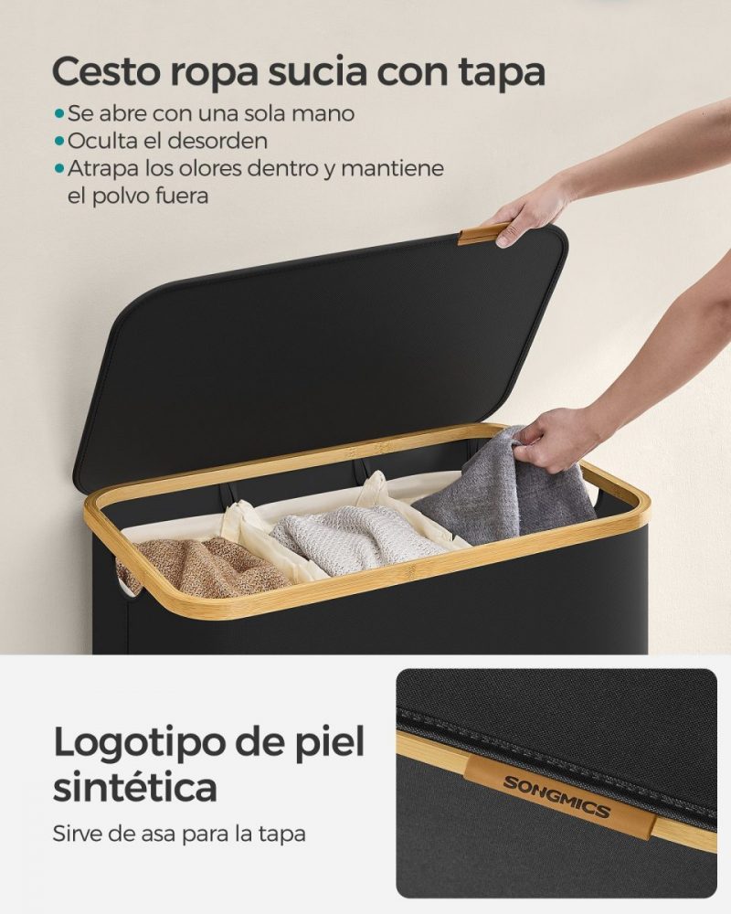 Cesto de ropa sucia con tapa 150 l 60x38,5x70,5 cm negro tinta - Imagen 4