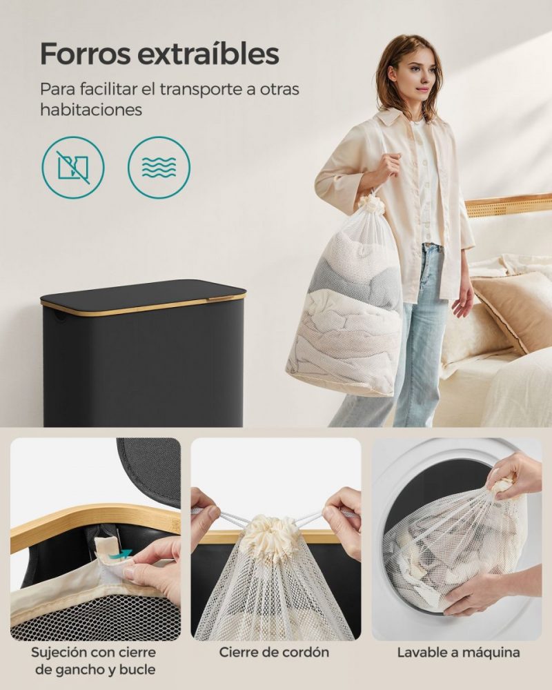 Cesto de ropa sucia con tapa 150 l 60x38,5x70,5 cm negro tinta - Imagen 5