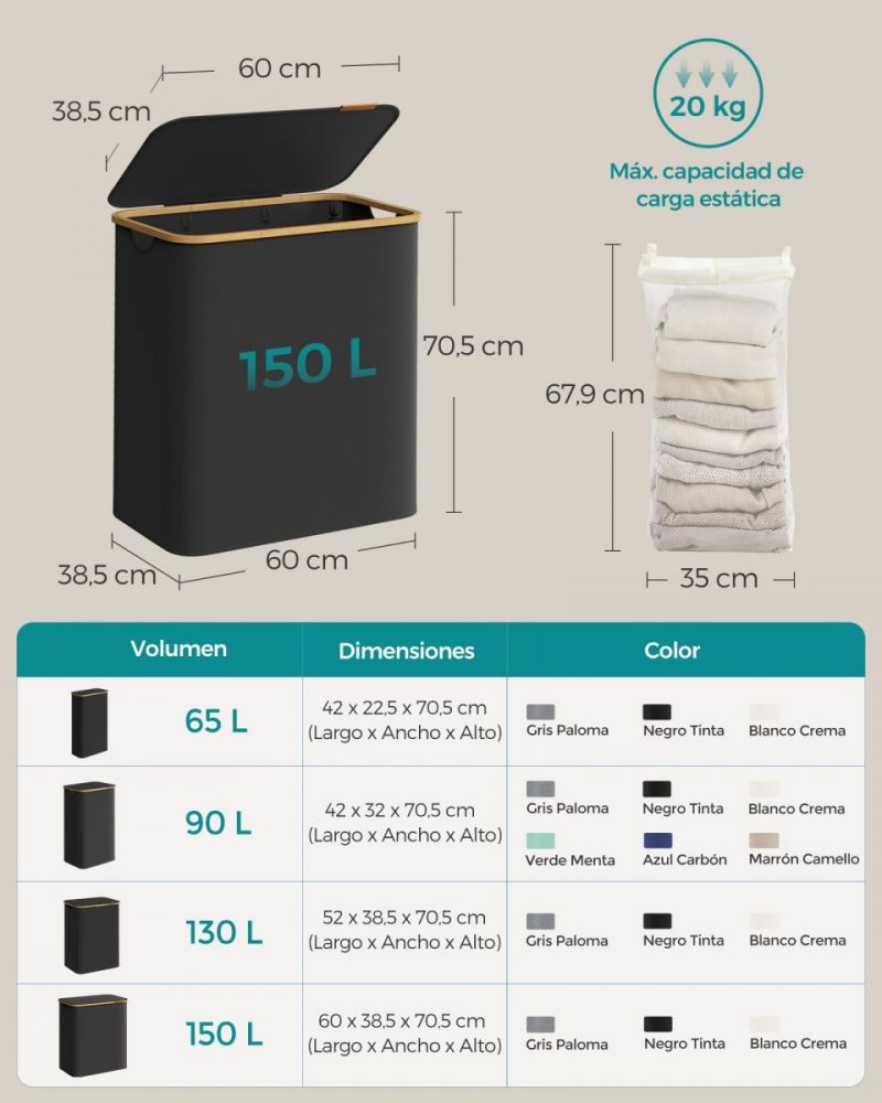 Cesto de ropa sucia con tapa 150 l 60x38,5x70,5 cm negro tinta - Imagen 6