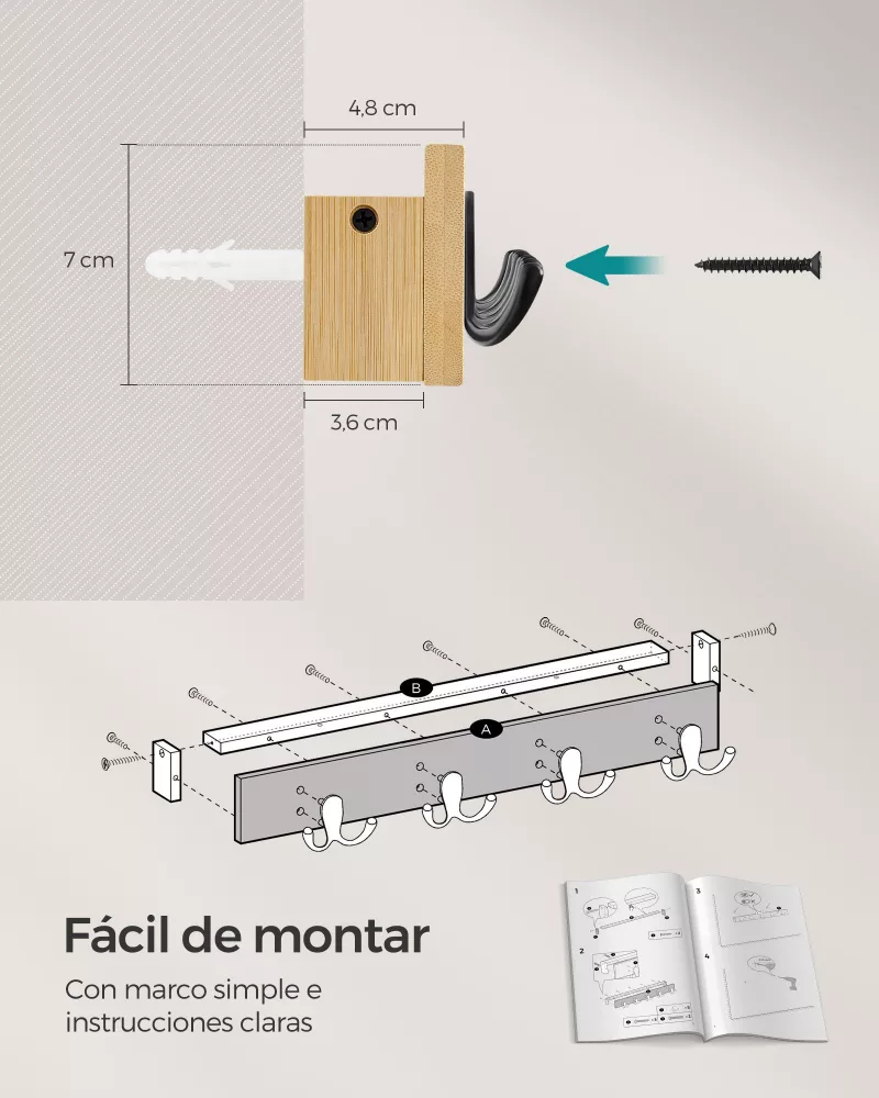 Juego de 2 Perchero de Pared Beige Natural - Imagen 5
