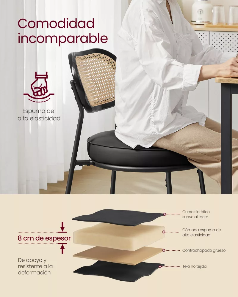 Juego de 2 Sillas de Comedor con Respaldo de Ratán Bobo PE Negro Tinta - Imagen 4