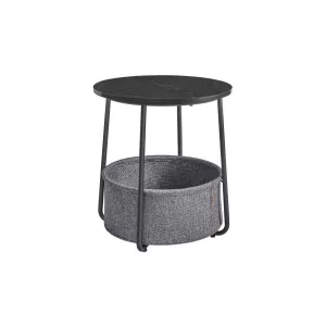 Mesa Auxiliar Redonda con Cesta de Tela Negro Ébano y Gris Pizarra