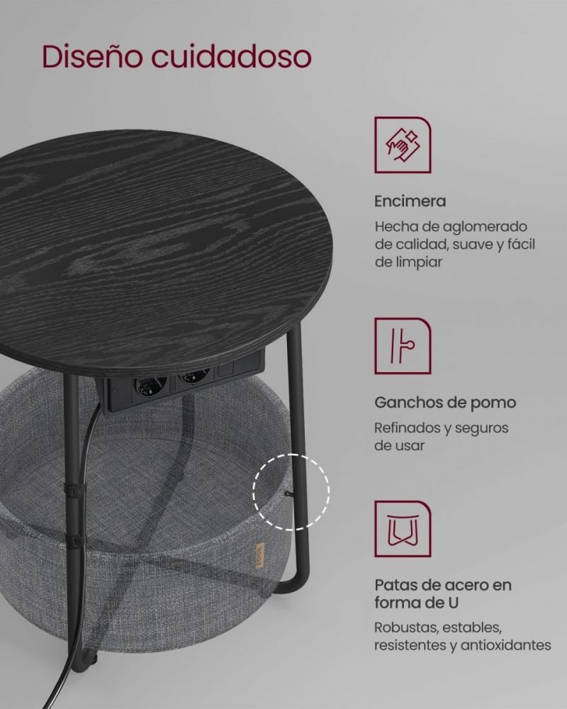 Mesa auxiliar tomas corriente negro y gris pizarra - Imagen 4