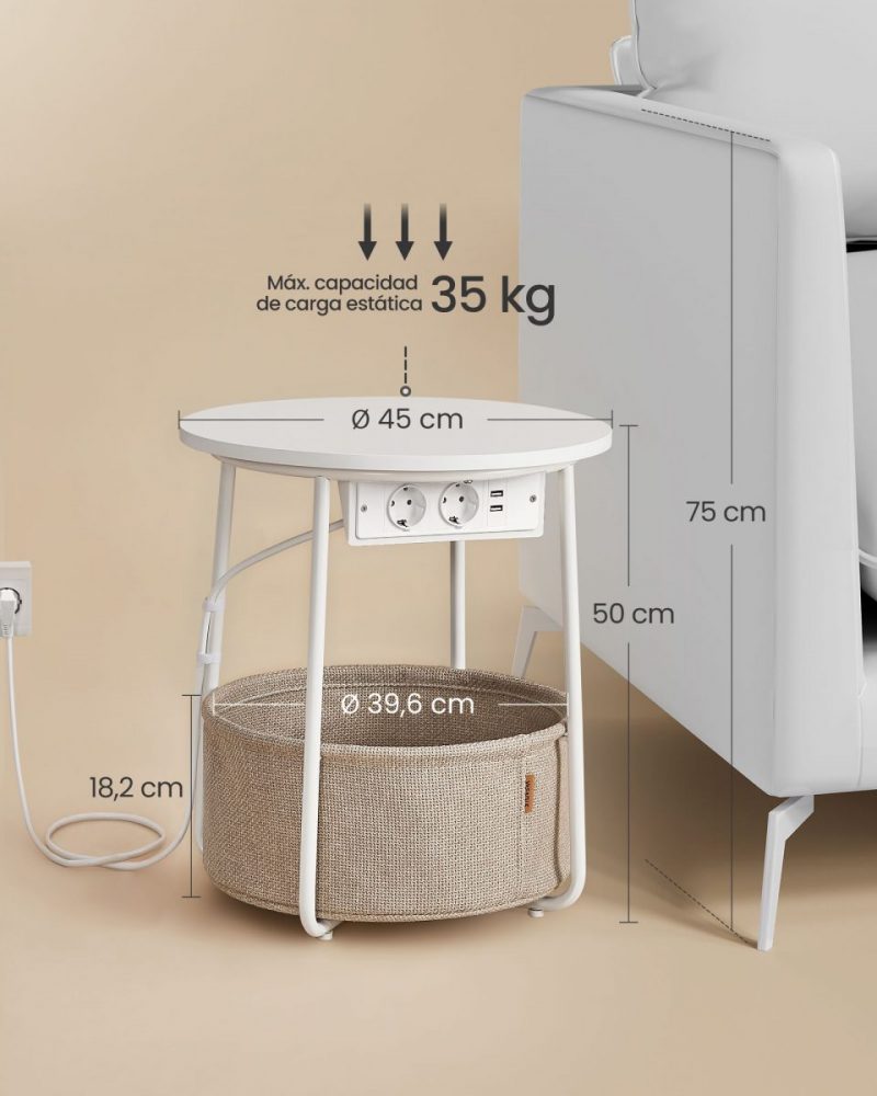 Mesa auxiliar tomas corriente blanco mate y camello - Imagen 6