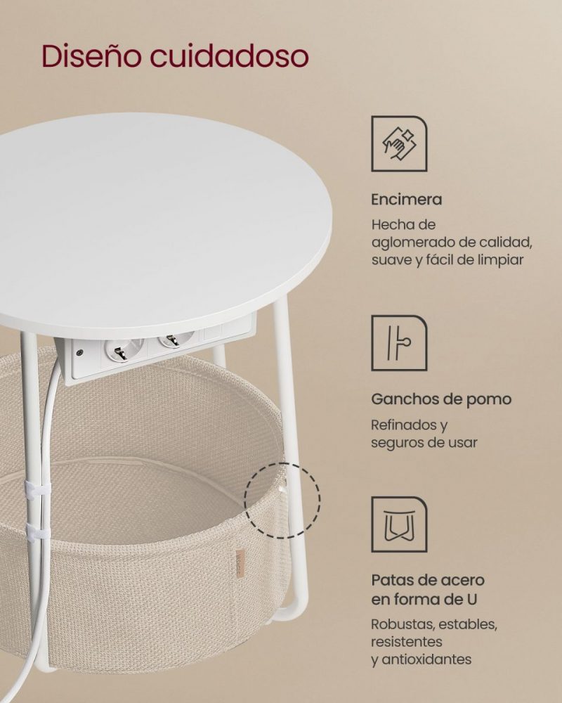 Mesa auxiliar tomas corriente blanco mate y camello - Imagen 4