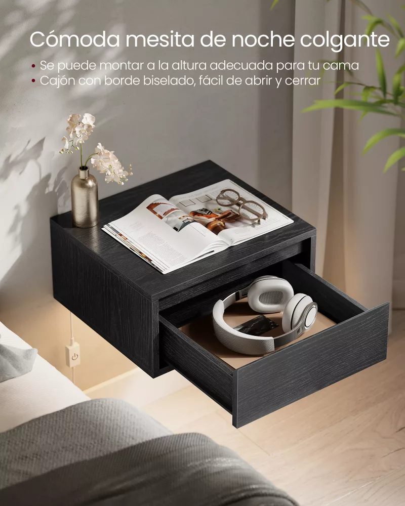 Mesita de Noche Colgante 35 x 40 x 18 cm Negro Ébano - Imagen 2