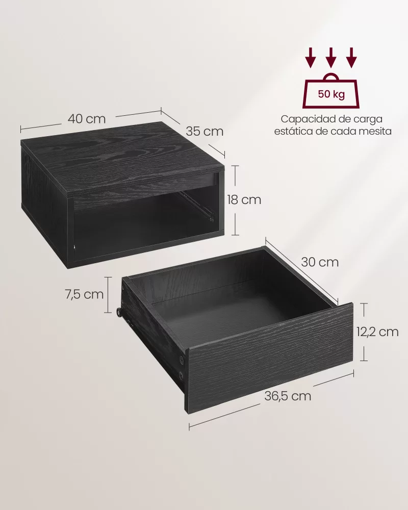 Mesita de Noche Colgante 35 x 40 x 18 cm Negro Ébano - Imagen 5