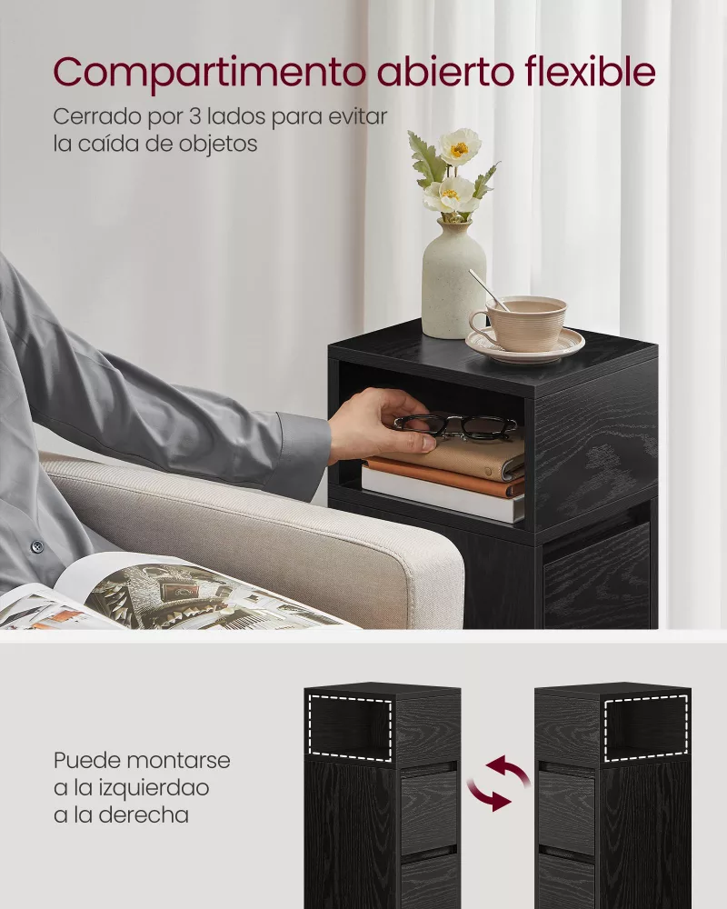 Mesita de Noche Estrecha con 2 Cajones y Compartimento Abierto Negro Ébano - Imagen 5