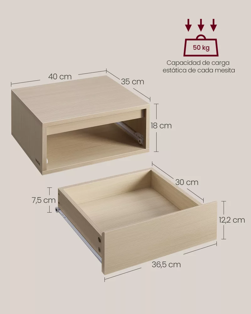 Juego de 2 Mesitas de Noche Colgante 35 x 40 x 18 cm Beige Natural - Imagen 6