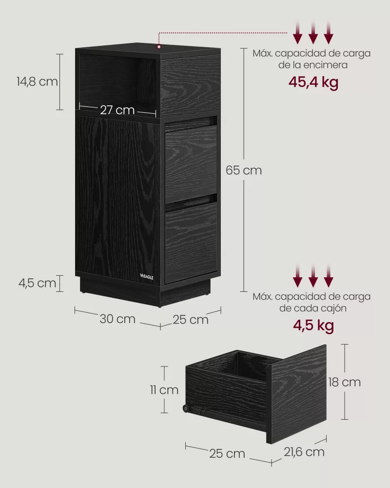 Juego de 2 Mesitas de Noche con 2 Cajones y Compartimento Negro Ébano - Imagen 6